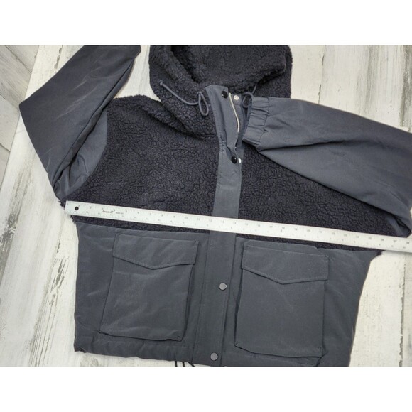 Abercrombie & Fitch Jacket Women Medium Black Sherpa Hooded Cropped - Picture 5 of 7
